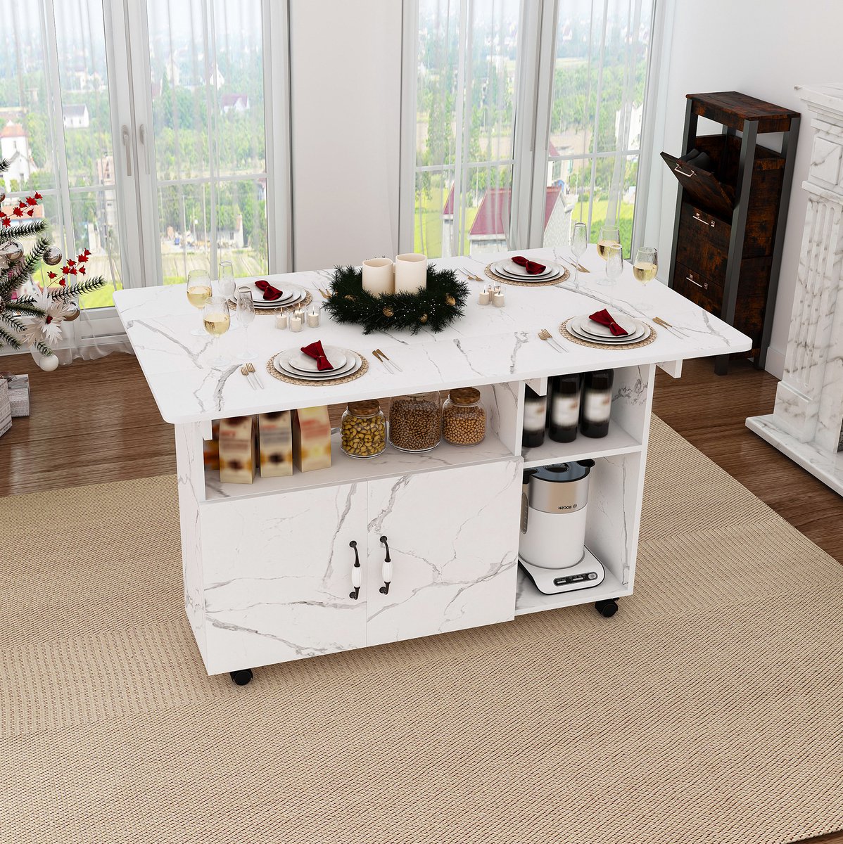 MODFU Opklapbare Mobiele Eettafel - Opbergruimte - Marmerlook - MDF - Wit - 110 X 70 X 80 Cm