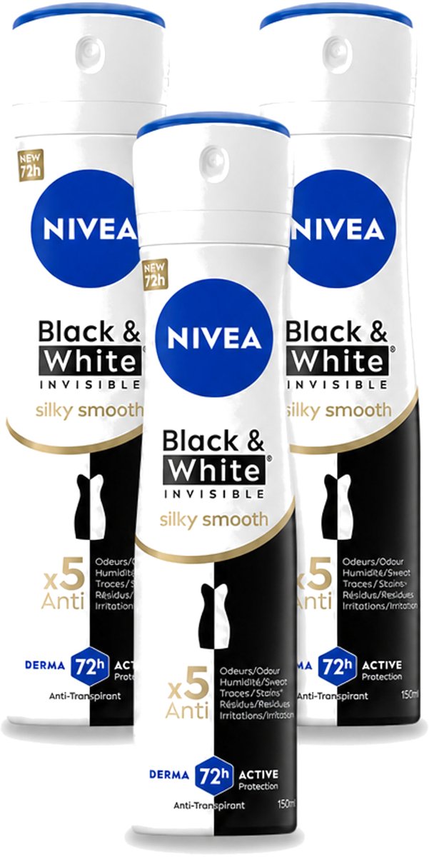 3 x Nivea - Deodorant - Spray - Black & White Invisible Silky Smooth - 150 ml - Bulkverpakking - 3 stuks