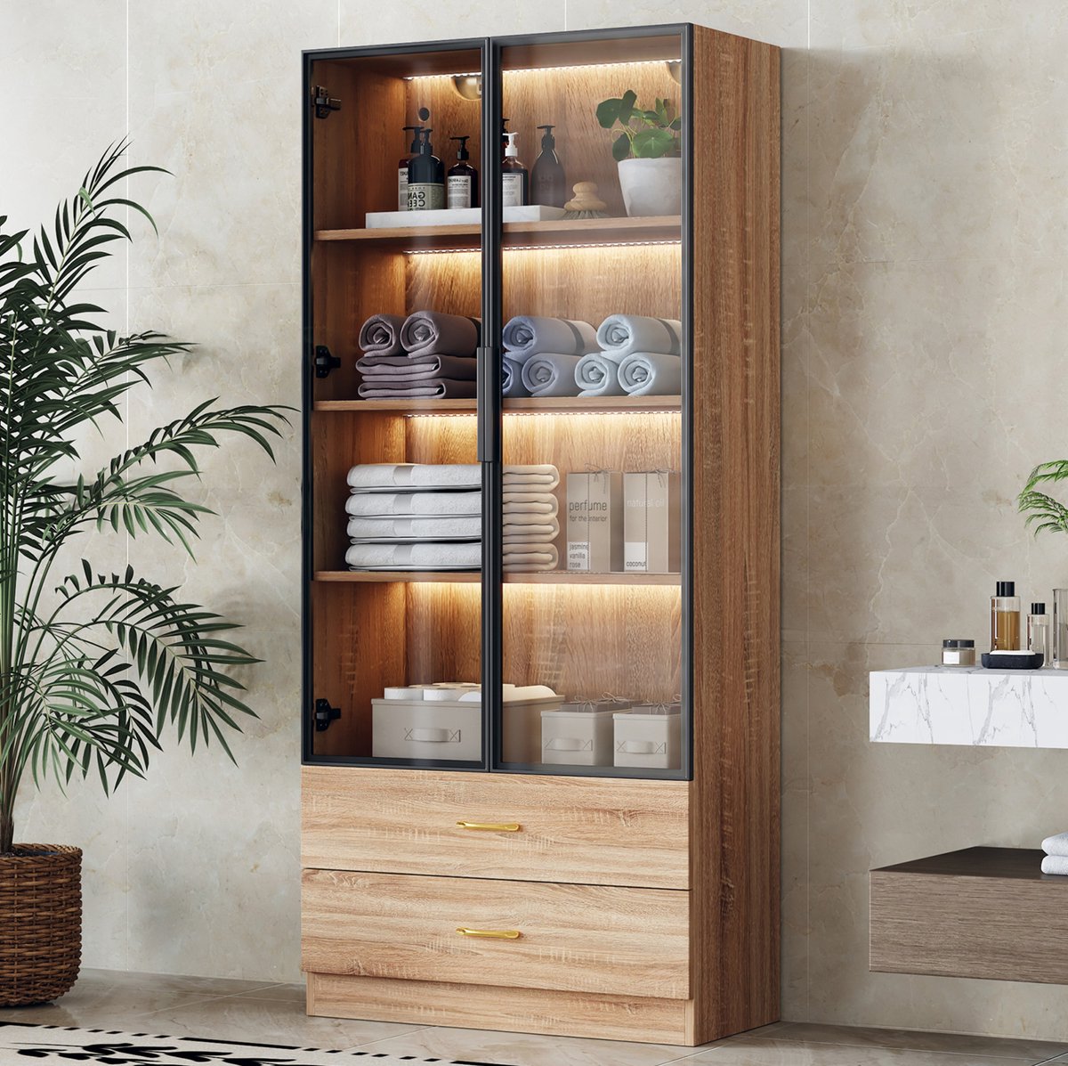 MEUNIQ Badkamerkast 75 x 34,5 x 170 cm met lichtstrip, 2 glazen deuren, open vakken en 2 grote lades voor badkamer of hal, bruin