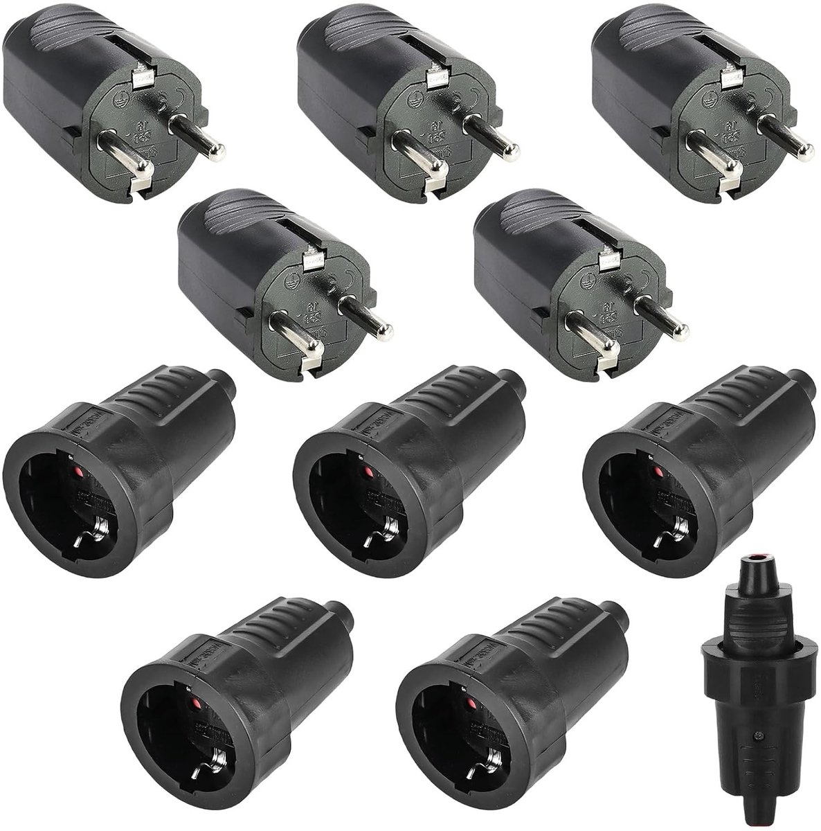 5 Paar Schuko Stekker Koppelingen, 250V, 16A, IP54, Waterdichte Rubber Koppeling voor Buitengebruik, 2-Pin, Aardingsplug en Koppeling zonder Kabel