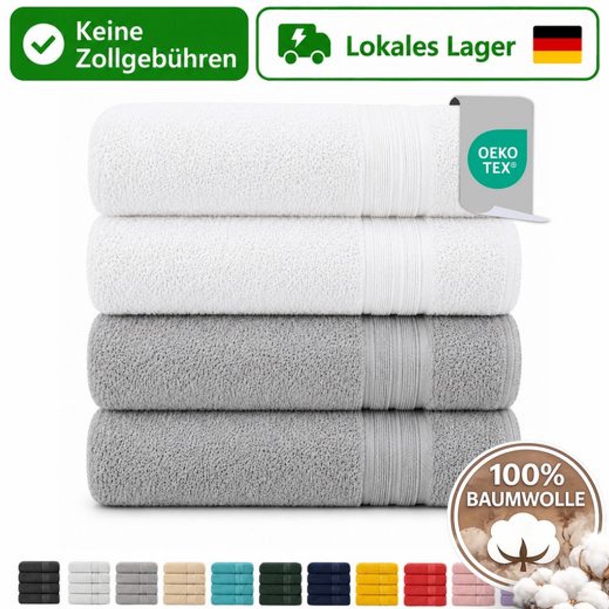 Komfortec Set van 4 Badhanddoek 100x200 cm van 100% Katoen, XXL Saunahanddoek, Grote Douchehanddoek, Zacht & Absorberend, Grijs&Wit