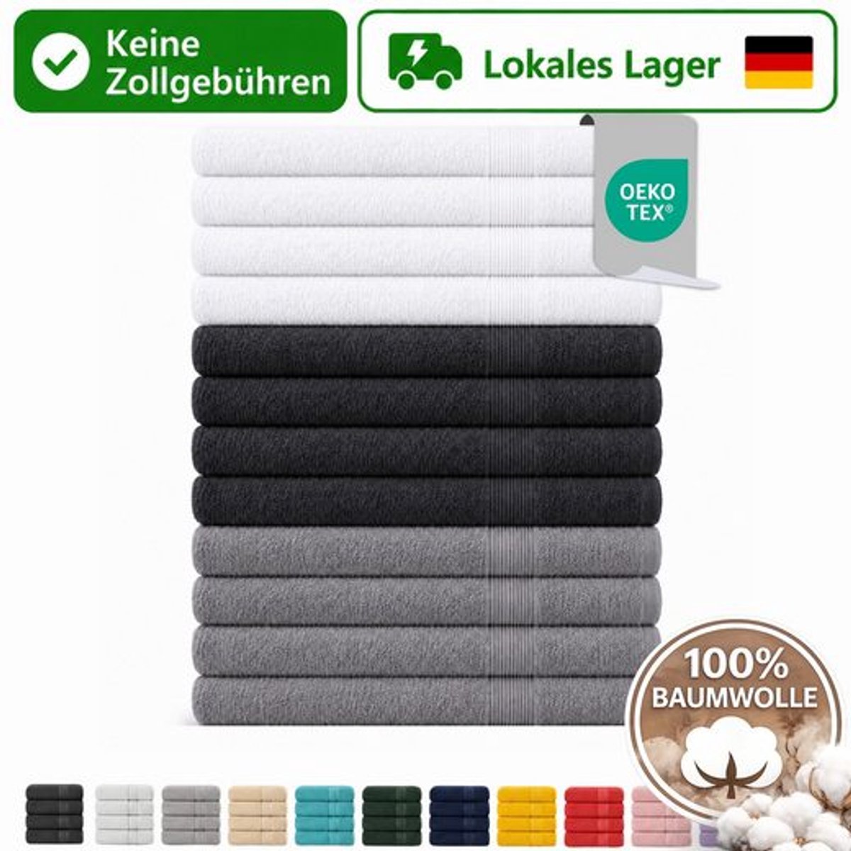 Komfortec Set van 12 Badhanddoek 100x200 cm van 100% Katoen, XXL Saunahanddoek, Grote Douchehanddoek, Zacht & Absorberend, Antraciet&Grijs&Wit