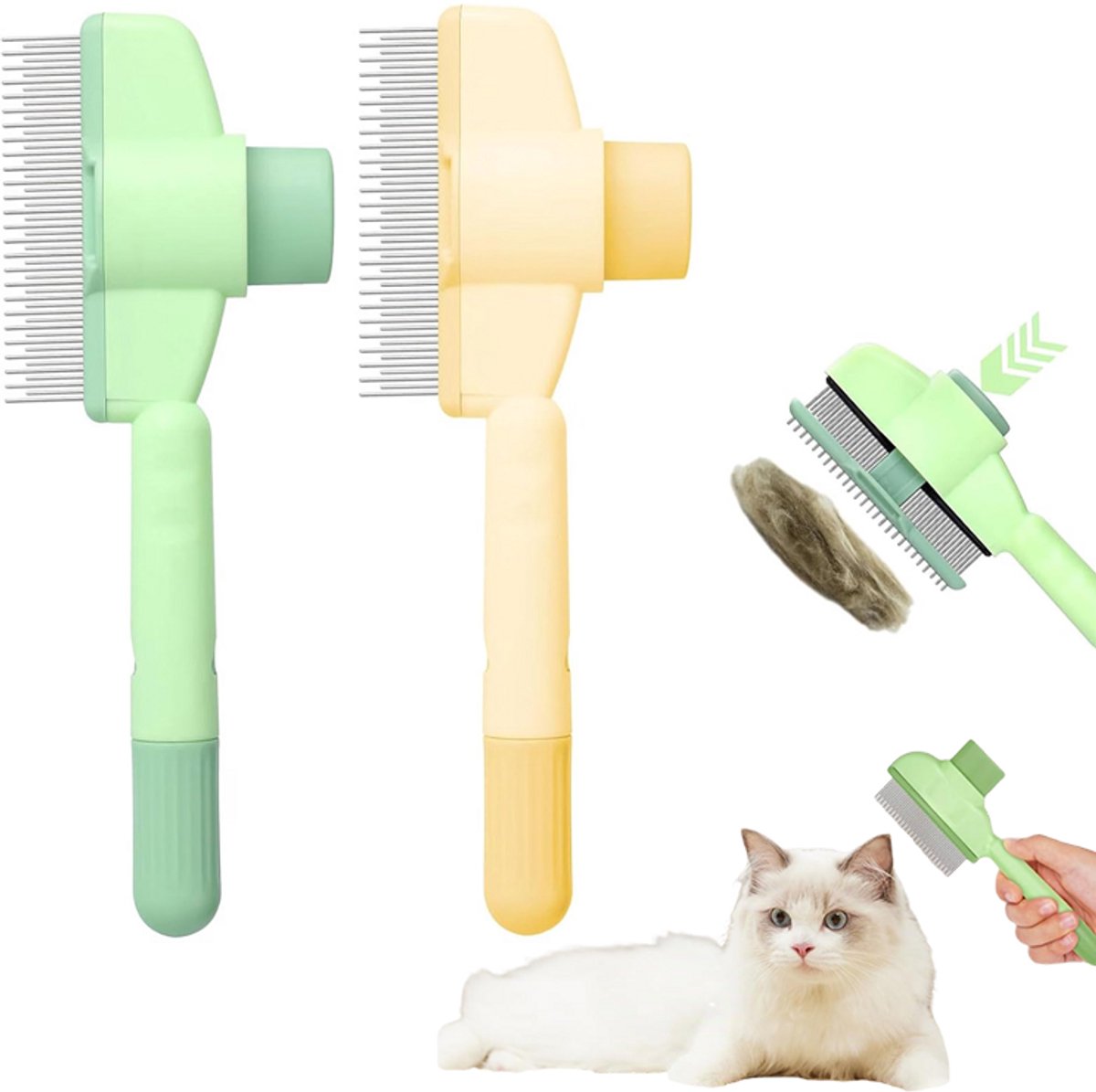2 stuks - Zelfreinigende Vachtborstel - Hondenborstel en Kattenborstel - RVS Pinnen - Met ontgrendelingsknop - Lange en Korte Tanden - Groen en Geel - Voor Honden en Katten