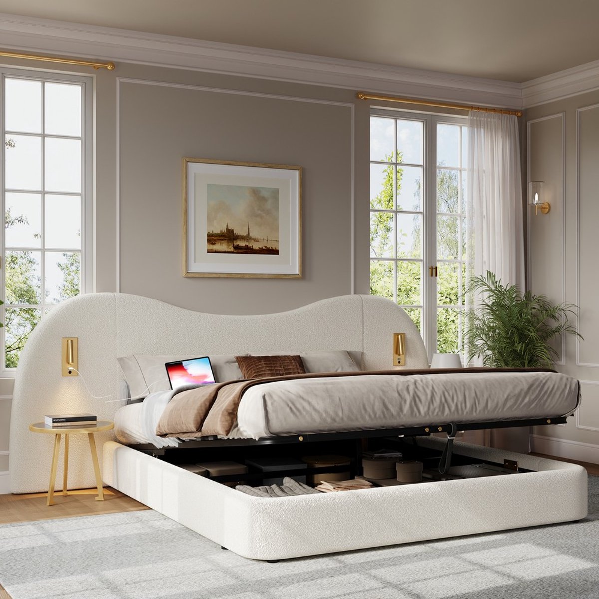 KOMHTOM Gestoffeerd bed, tweepersoonsbed, 180 x 200 cm, hydraulisch functiebed, met USB-oplaadaansluiting en leeslamp, bed met lattenbodem, hoofdeinde en ruime opbergruimte, gestoffeerd hoofdeinde, wit bouclé