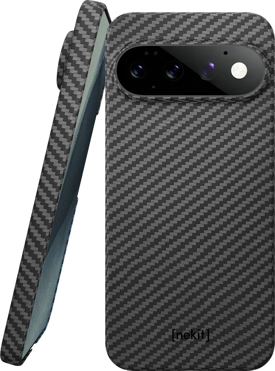 NEKIT Fiber Hoesje Geschikt voor Google Pixel 11 Pro XL - Compatibel met MagSafe en Qi2 - High-Tech Kevlar - Back Cover Ultra Dun - Grijs/Zwart