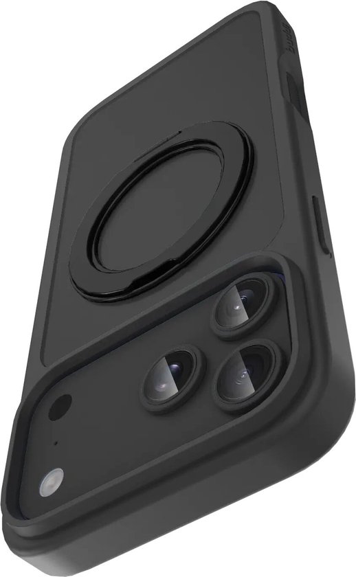 Zwarte telefoonhoes met magnetische ringstandaard, detail van de camera's en zijkant.