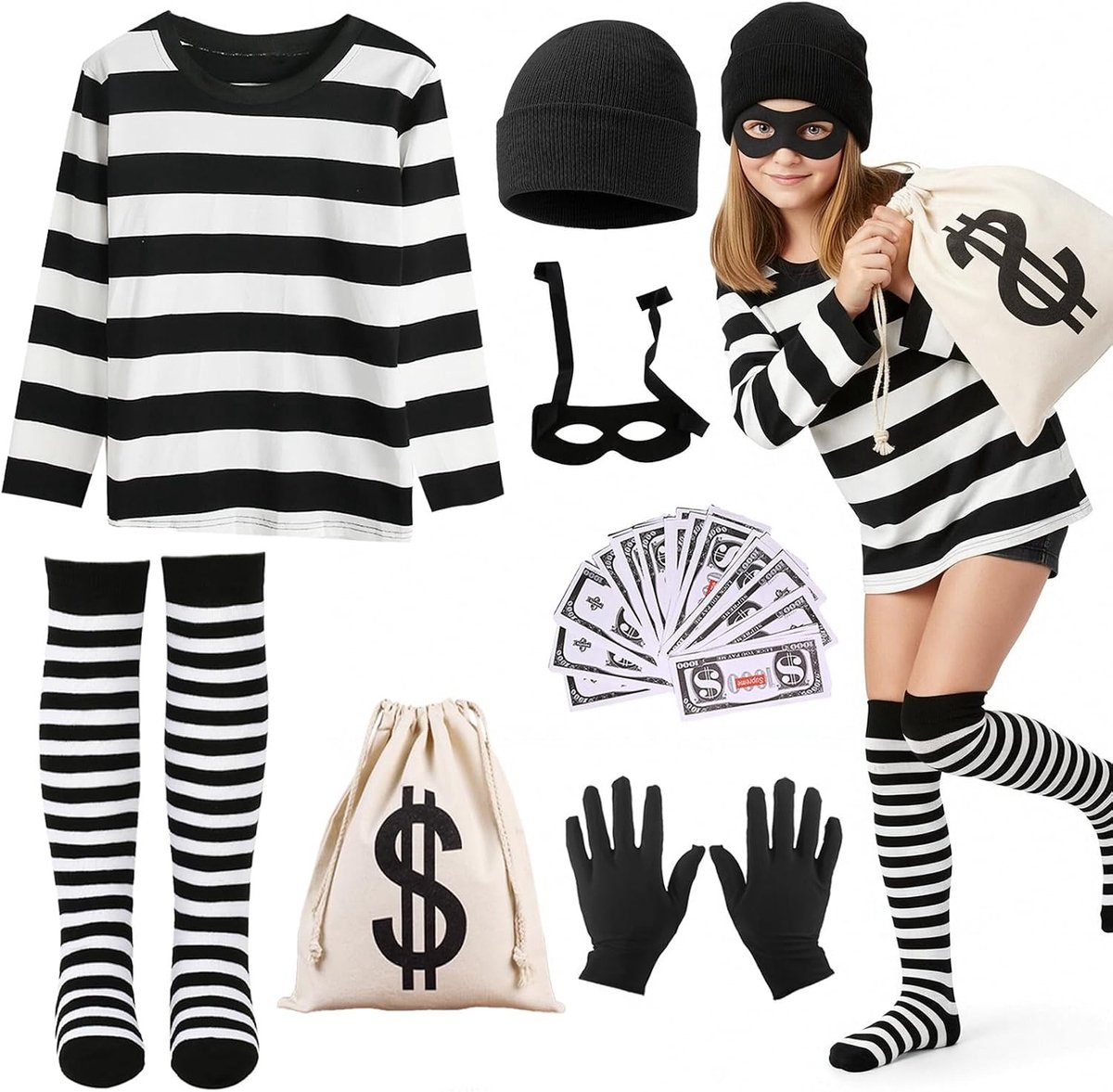 Complete 7-delige Kinder Verkleedset voor Dief met Gestreepte Top, Kniekousen, Hoed, Masker, Geldzak en Handschoenen voor Halloween en Cosplay