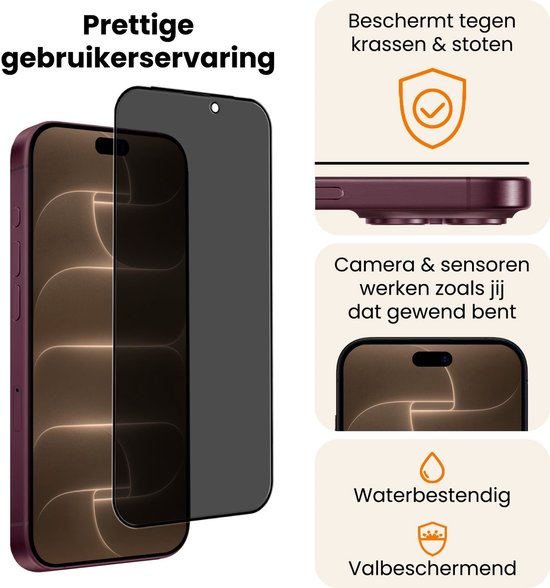 Privacy screenprotector voor paarse iPhone. Beschermt tegen krassen en stoten. Waterbestendig.