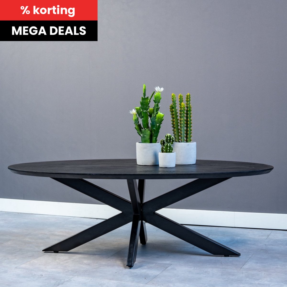 Mangohouten Salontafel Vicenza Black Ovaal Mahom Industrieel - Kleine tafel van Mangohout & Metaal - Industriële Huiskamertafel