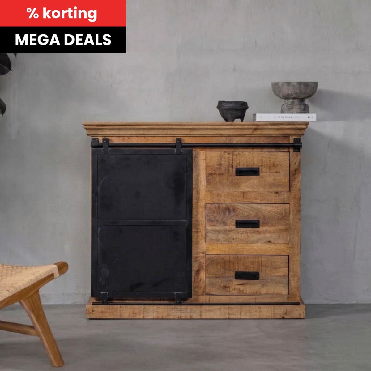 Mangohouten Dressoir Newark 100 cm Mahom Industrieel - Dressoir van Mangohout & Metaal - Industriële Dressoir