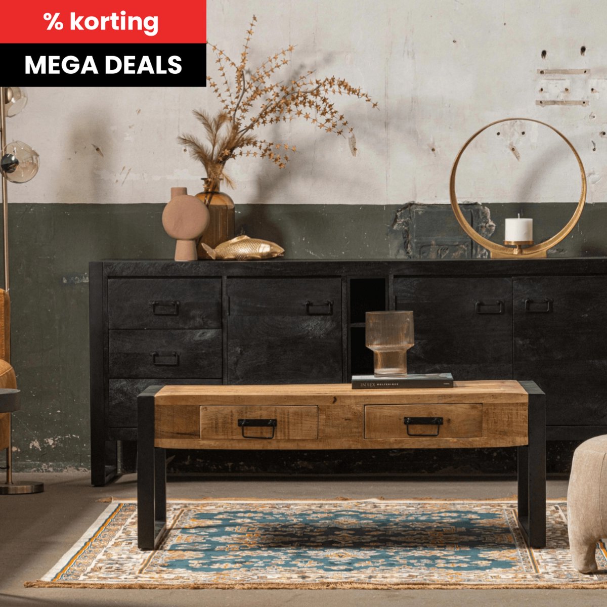Mangohouten Salontafel Britt 120 cm met 2 lades Mahom Industrieel - Kleine tafel van Mangohout & Metaal - Industriële Huiskamertafel