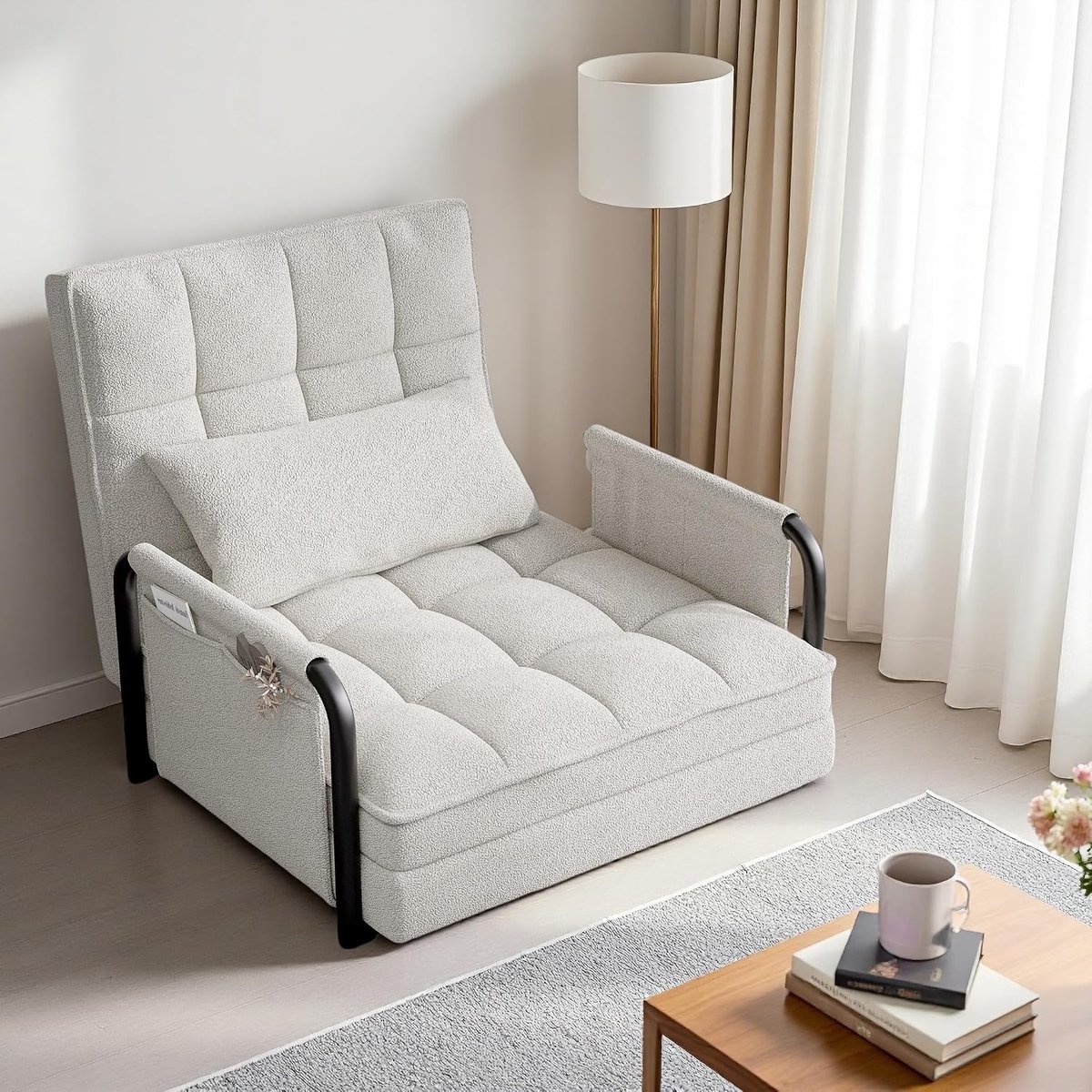 Slaapbank met bedfunctie, slaapbank, 4-in-1 slaapstoel, inklapbaar, relaxstoel met verstelbare rugleuning, stoel voor eenpersoonsbed, voor slaapkamer en woonkamer, lamswol (wit)