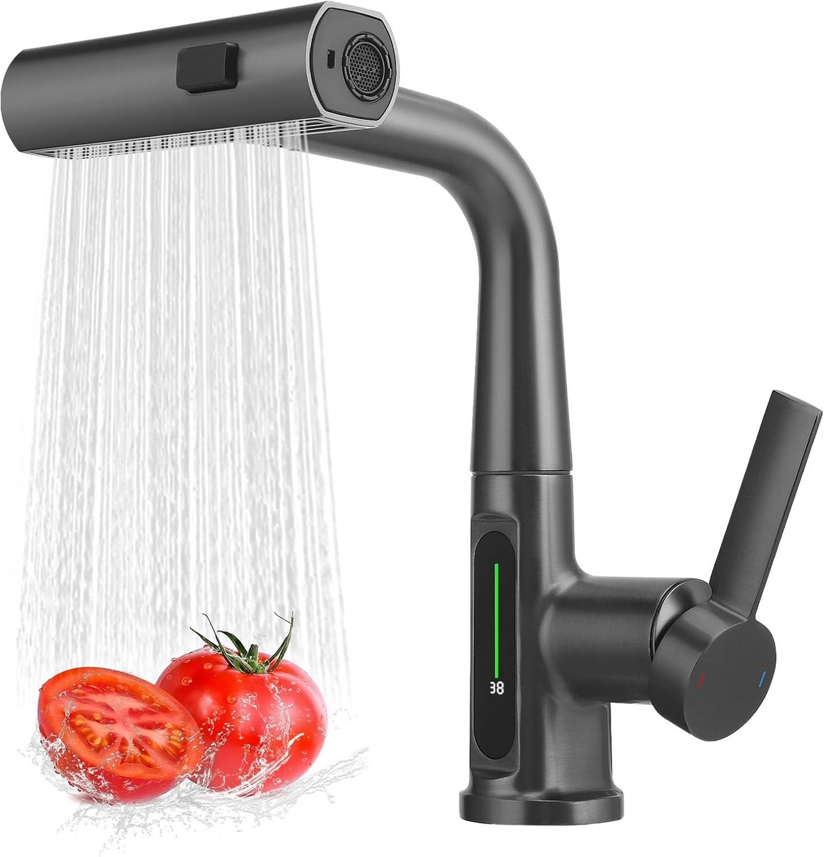 Doorstroomboiler voor de keuken met uittrekbare sproeinevel, 4 modi, waterval, keukenkraan, 360° draaibare roestvrijstalen keukenkraan, waterval met uittrekbare sproeikop