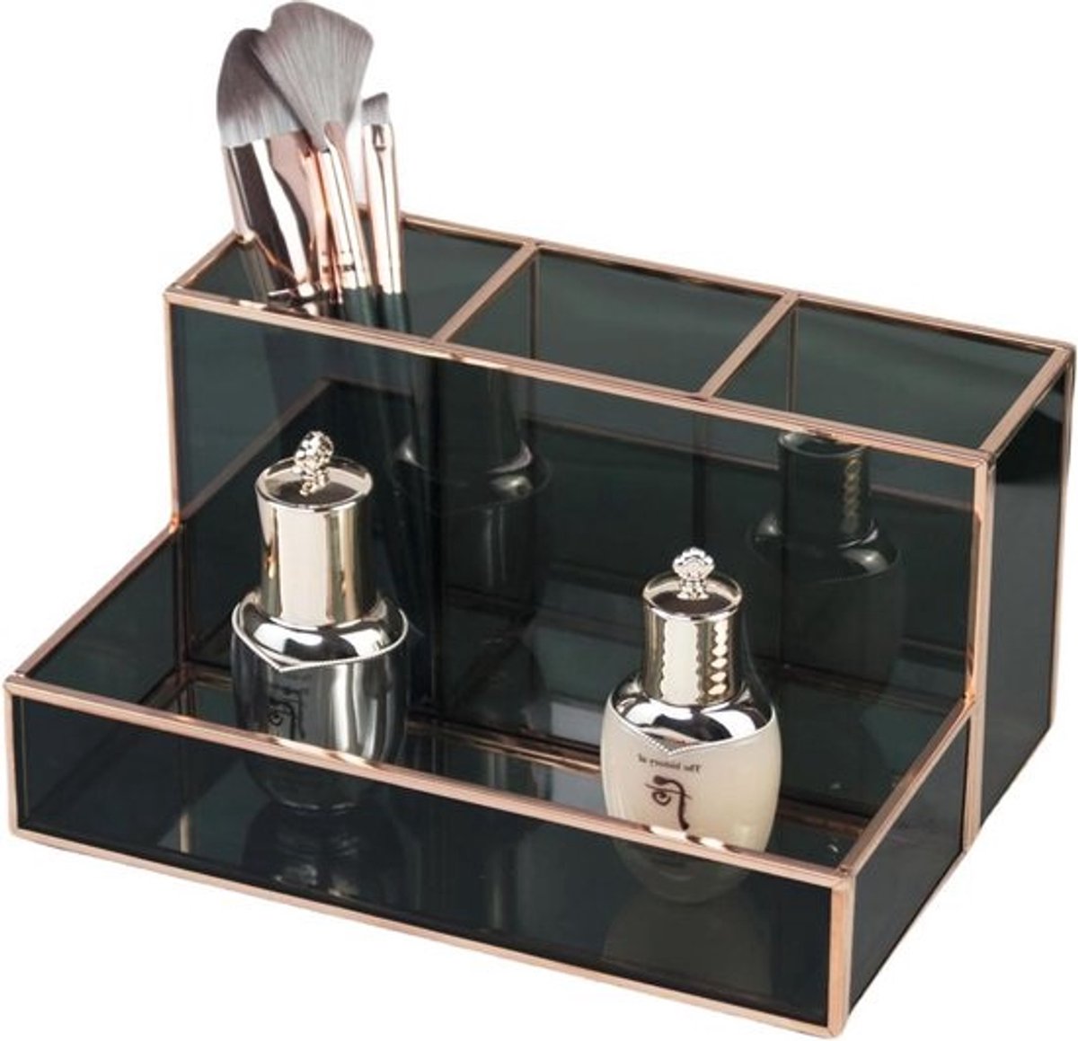 Make-upkwastenhouder - Cosmetica-organizer voor make-up - Goudkleurig en zwart - Transparante cosmeticabox - Decoratief blad - 20 x 14 x 10 cm