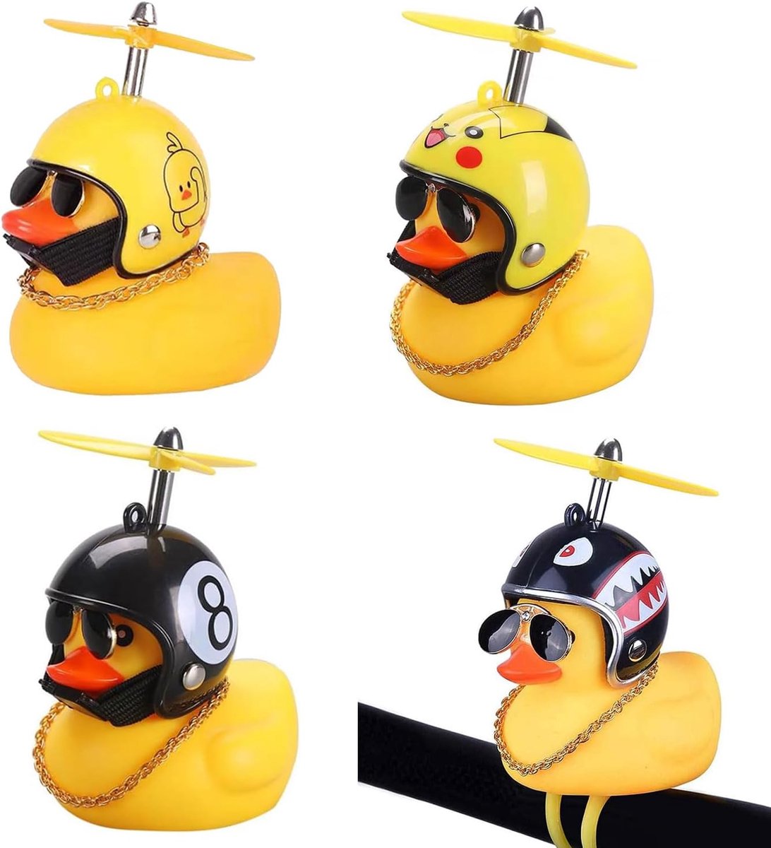 4 Stuks Gele Eend Autoornament, Fietsbel Met Propeller Helm Voor Kinderen, Leuke Dier Decoratie Voor Auto en Fiets