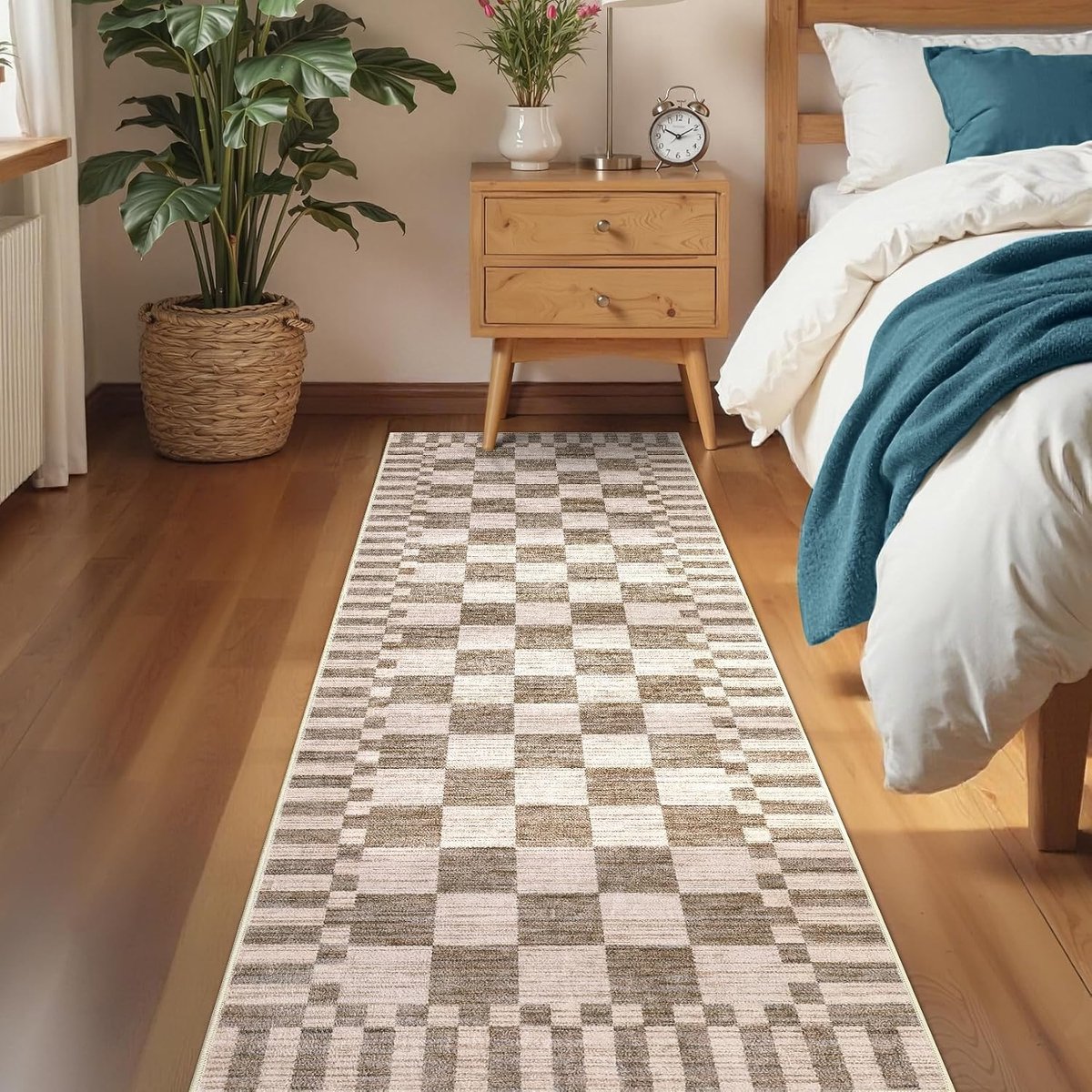 Geometrisch tapijt 60 x 180 cm - linnenkleuren - wasbaar - antislip voor hal en entree - ShopVlot