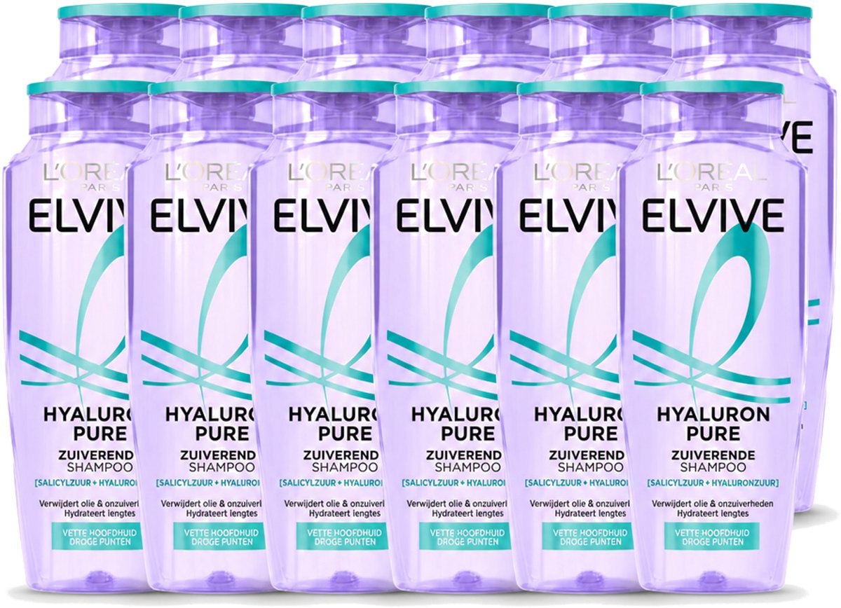 12 x L’Oréal Paris Elvive – Shampoo – Hyaluron Pure – Zuiverend – 250 ml - Voordeelverpakking - 12 stuks