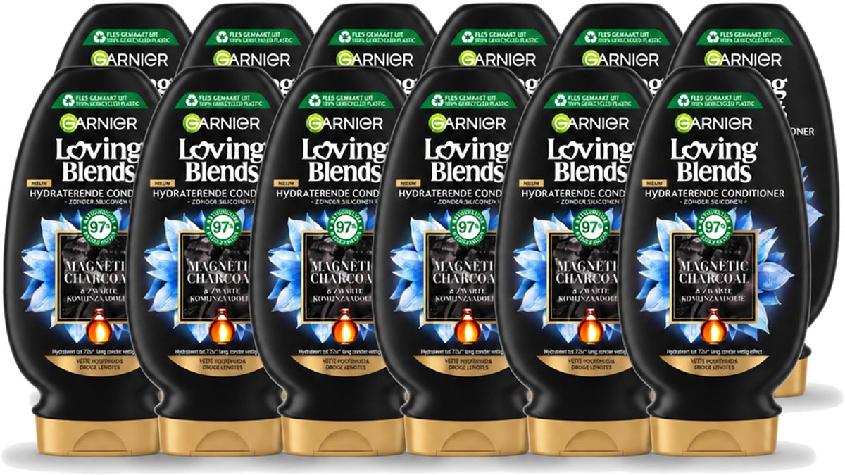 12 x Garnier - Loving Blends - Conditioner - Magnetic Charcoal - Vette Hoofdhuid & Droge Lengtes - 250 ml - Voordeelverpakking - 12 stuks
