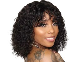 Kinky Curly Human Hair Wig with Bangs 150% Density Virgin Human Hair Wig for Black Women Short Bob Wig Human Hair Glueless None Lace Front Wig Human Hair Natural Black Color(10 Inch)