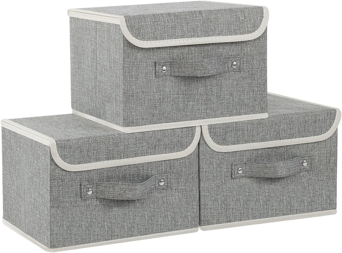 Opvouwbare opbergbakken met deksels, katoenen en linnen stoffen opbergmanden wasbaar met handvat, voor boeken, kast, slaapkamer, huis, 26 x 20 x 17 cm, grijs, 3 stuks