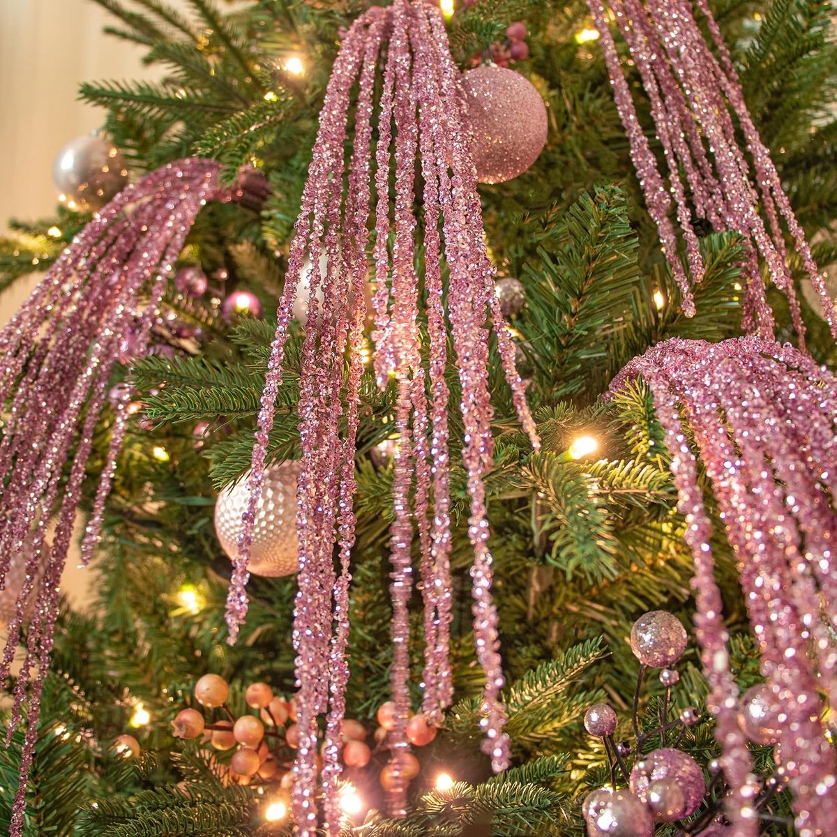 Store 6 stuks decoratieve takken kersttakken kunstmatige kersttak 82 cm met glitter knutseltakken decoratieve tak stam misttak voor kerstdecoratie (roze clip)