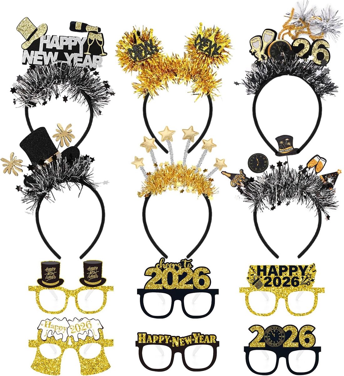 12 stuks oudejaarsavond decoratie 2026, bril oudejaarsavond haarband 2026, Happy New Year decoratie hoofddeksel, oudejaarsavond foto rekwisieten accessoires