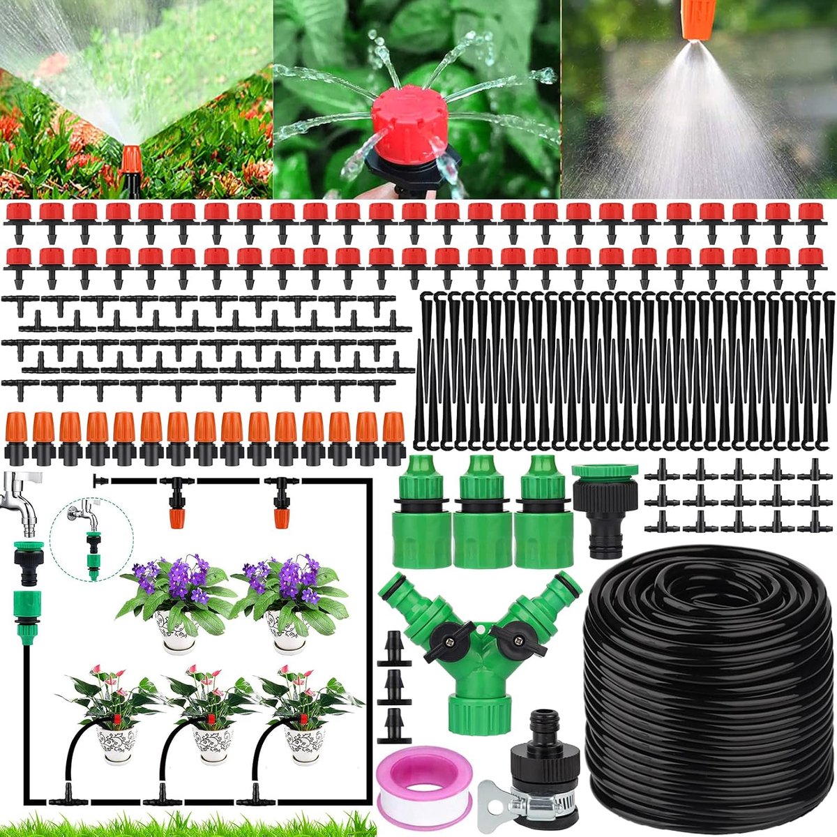 Tuin 50M Besproeiingssysteem Tuin 200 stuks Besproeiingsset, Micro Automatische Serre Sprinkler, Besproeiingssproeier voor Planten Tuin Kas Bloemen