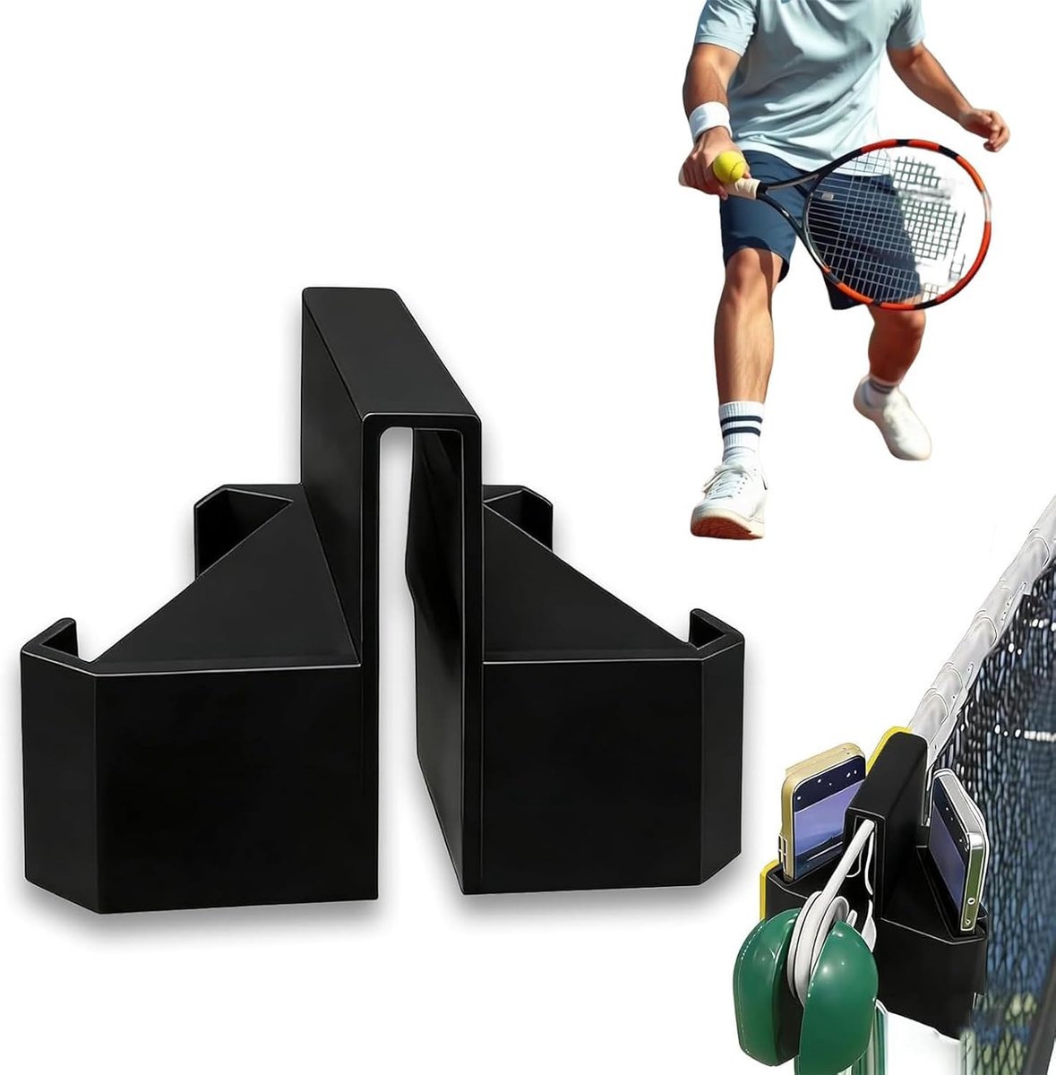 3D-bedrukte tennisnet mobiele telefoonhouder, dubbele camera-design, stabiele clip voor tennisnet en omheining, eenvoudige montage zonder gereedschap, voor het opnemen van training en games, live