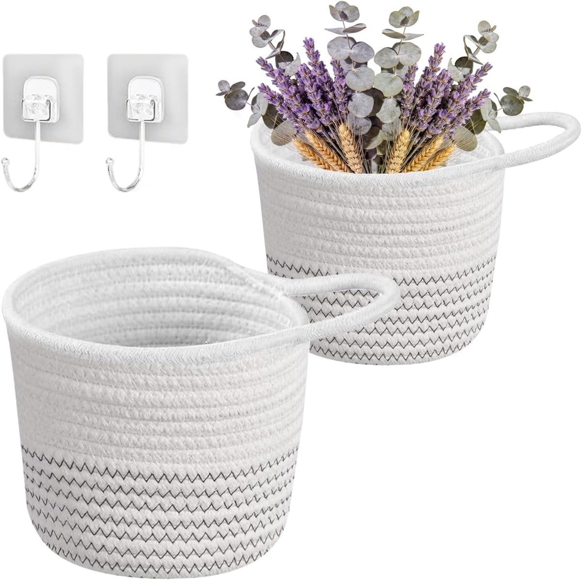 Set van 2 Wandmanden van Katoen met Haak, 15 x 15 cm, Ideaal voor Opberging in Keuken, Badkamer en Slaapkamer