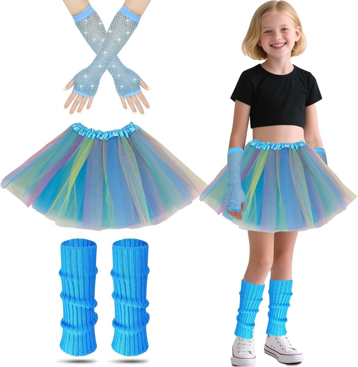 80s Kostuum voor Meisjes met Neon Beenwarmers, Visnet Handschoenen en Tutu Jurk voor Themafeesten