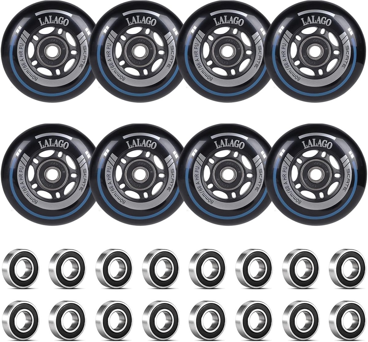 Inline Skate Wielen 80mm Set van 8 Stuks Hoogwaardige 88A Hardheid met ABEC 9 Lagers voor Binnen- en Buitensport