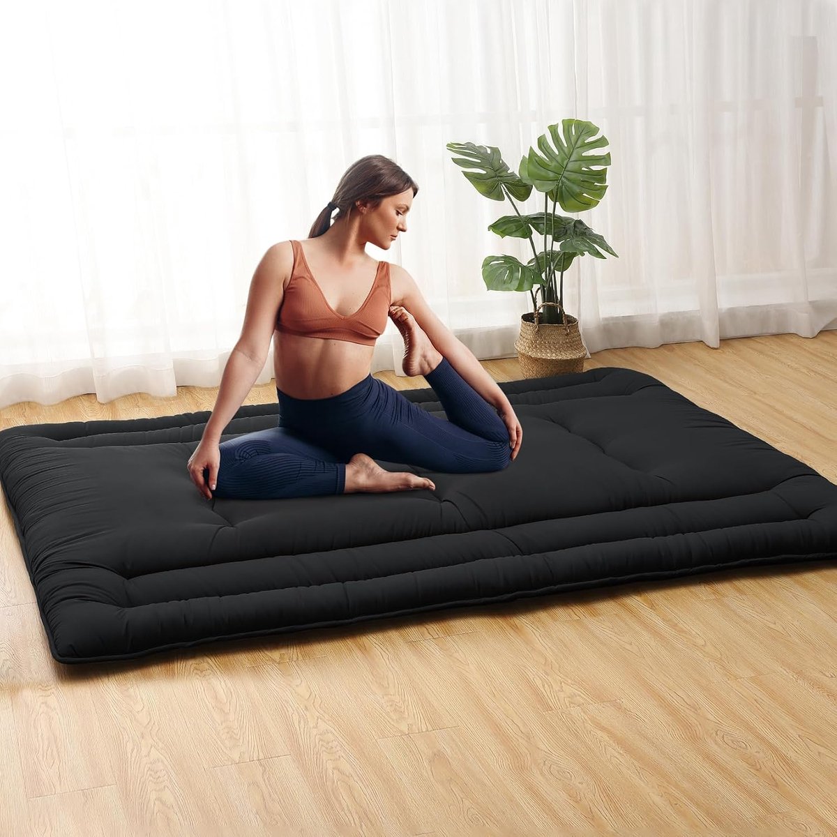 5-laags dik tatami-vloerbed – draagbare oprolbare slaapmat – voor kamperen, camper, studentenhuis, yoga, kinderspel – 203 × 137 × 10 cm – zwart