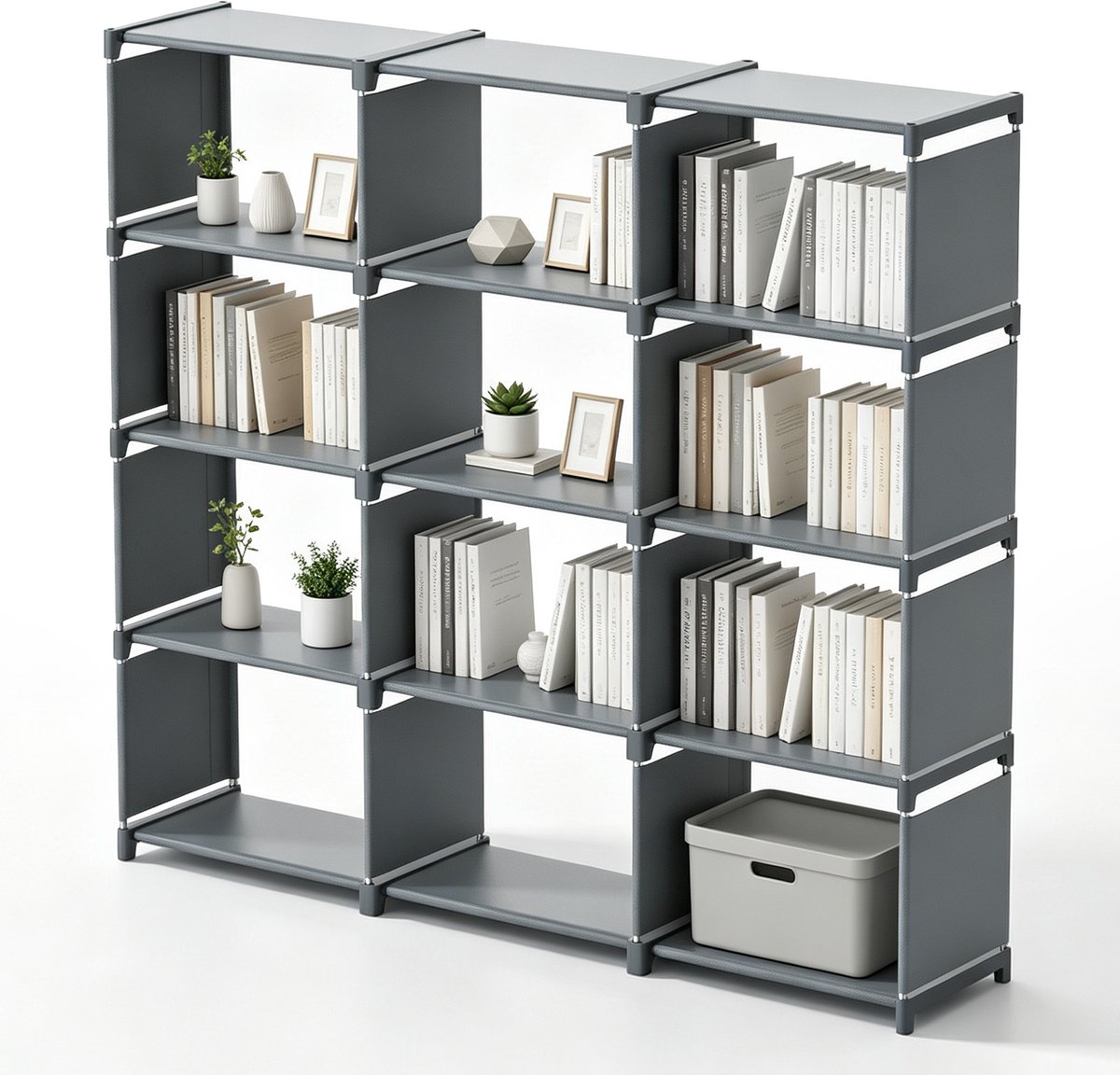 Soontrans - Boekenkast - Drie Rijen - 4 Lagen - 12 Vakjes - Multifunctionele Opbergkast - Modern design Vakkenkast geschikt voor Woonkamer - Slaapkamer en Studeerkamer - Grijs