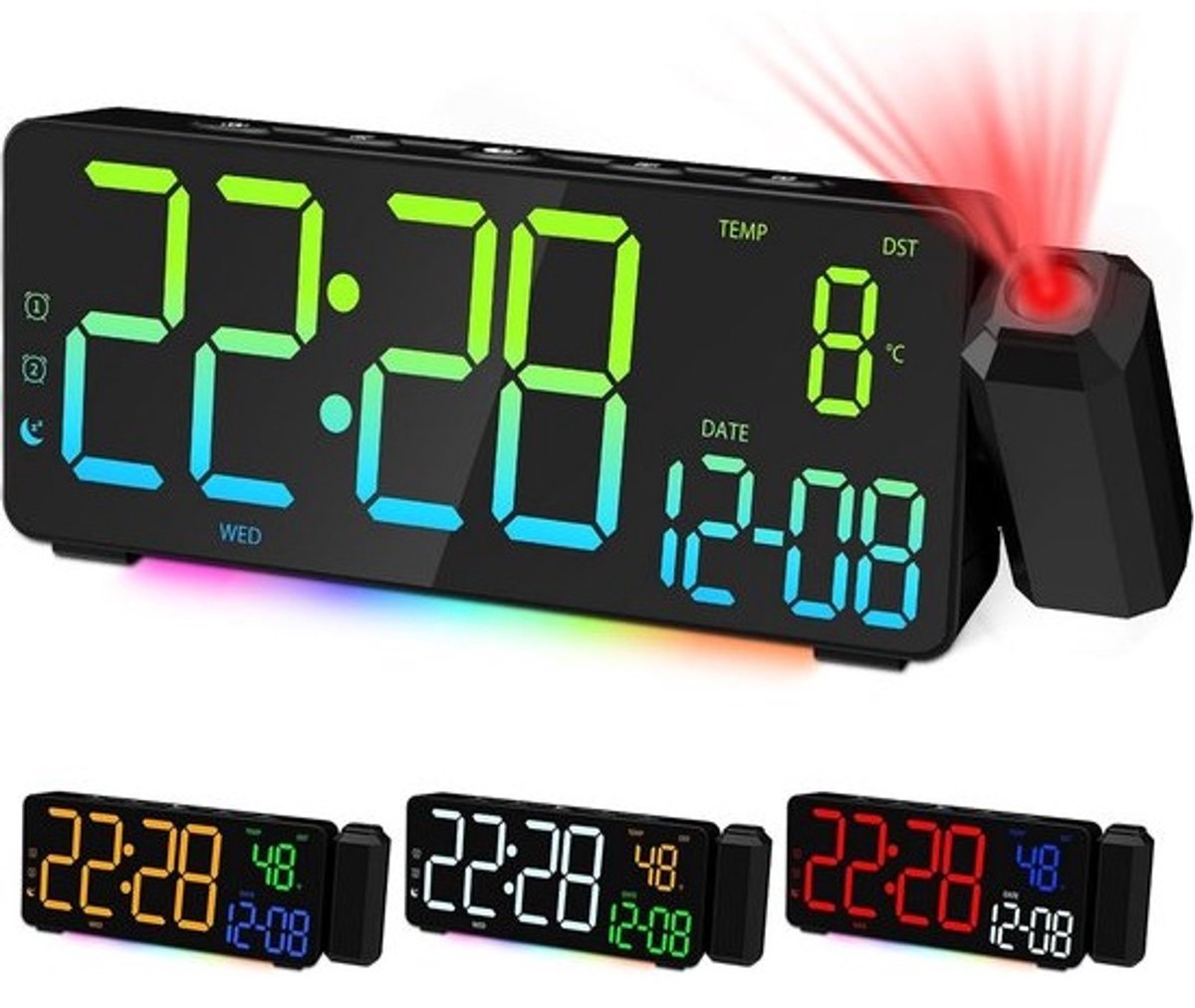 Digitale Projectiewekker met LED-projectie en Groot Scherm - 12/24 uur - USB-oplaadpoort - Nachtlicht - Dubbele Wekker - Temperatuur - Datum