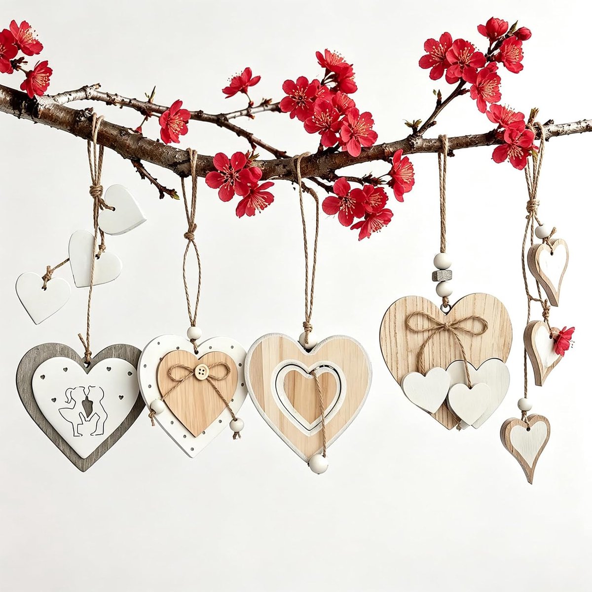 5 stuks decoratieve harten van hout om op te hangen, hartvorm, decoratie, hout, romantische raamdecoratie in hartvorm, romantische wanddecoratie voor bruiloft, Valentijnsdag en cadeau-idee