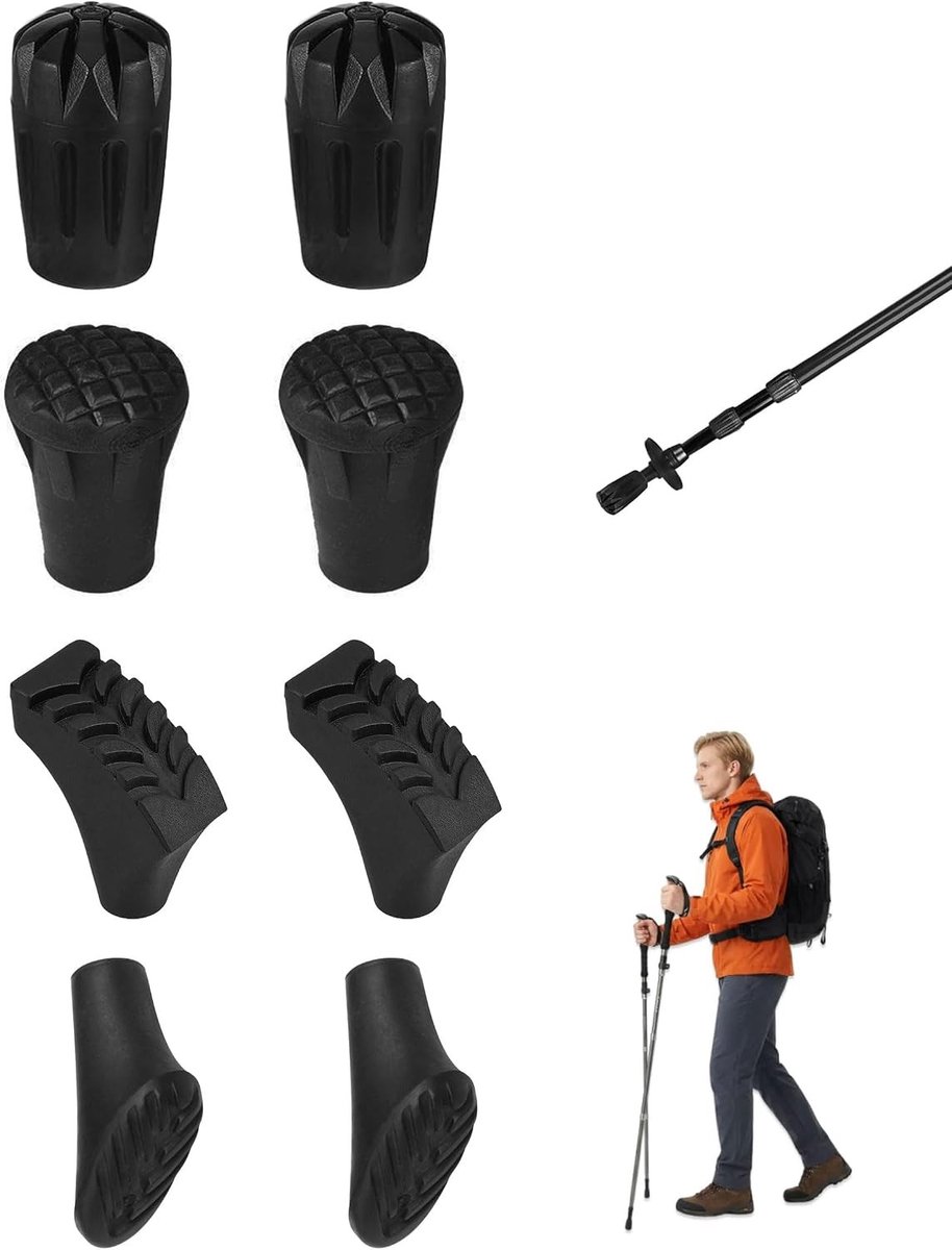 8 Stöcke Gummipuffer voor Trekkingstokken, Dämpfende Rubber Pads voor Wandelen, Hiking en Asfaltgebruik (Zwart)