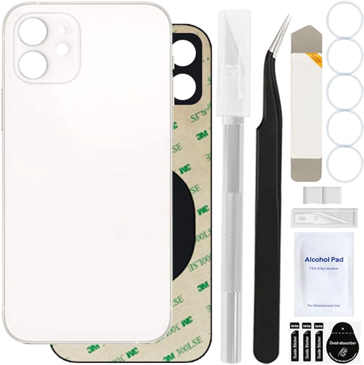 Achterkant Achterkant Glas Vervanging Compatibel met iPhone 12, Professionele Reparatie Tool Kit, Vooraf Geïnstalleerde Lijm en Rubberen Bands (6.1"/Wit)