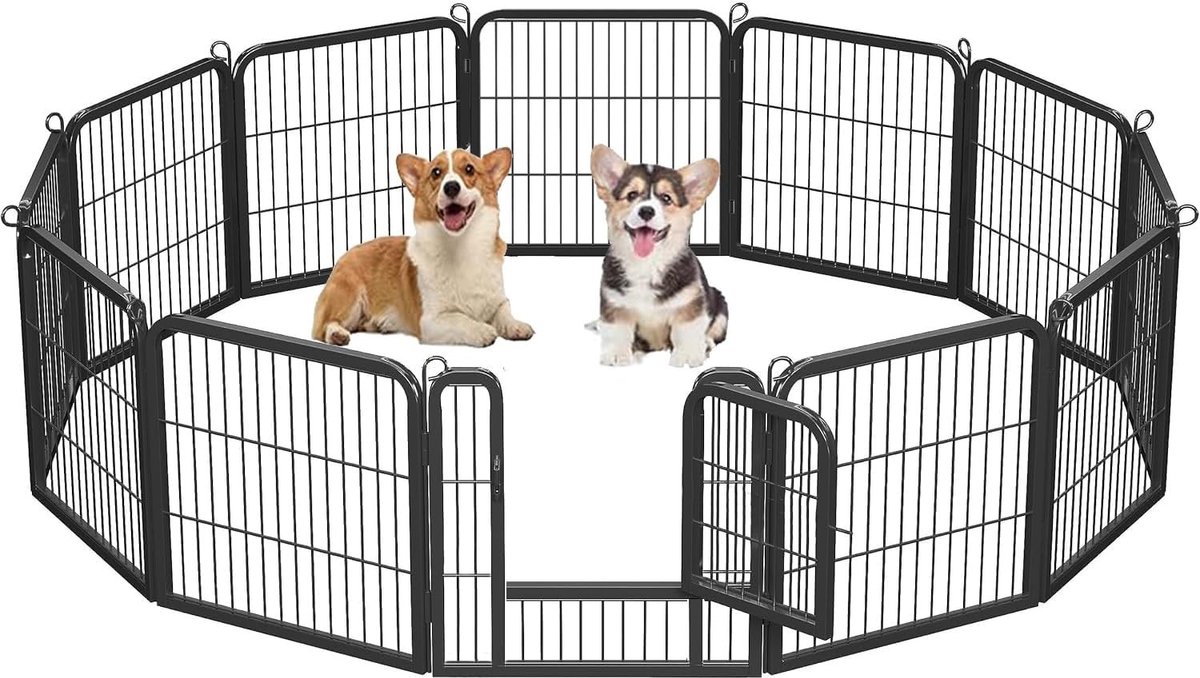 Vouwbare metalen omheining voor huisdieren met deur - 12 panelen, 60x60cm, verstelbaar voor honden, katten en konijnen