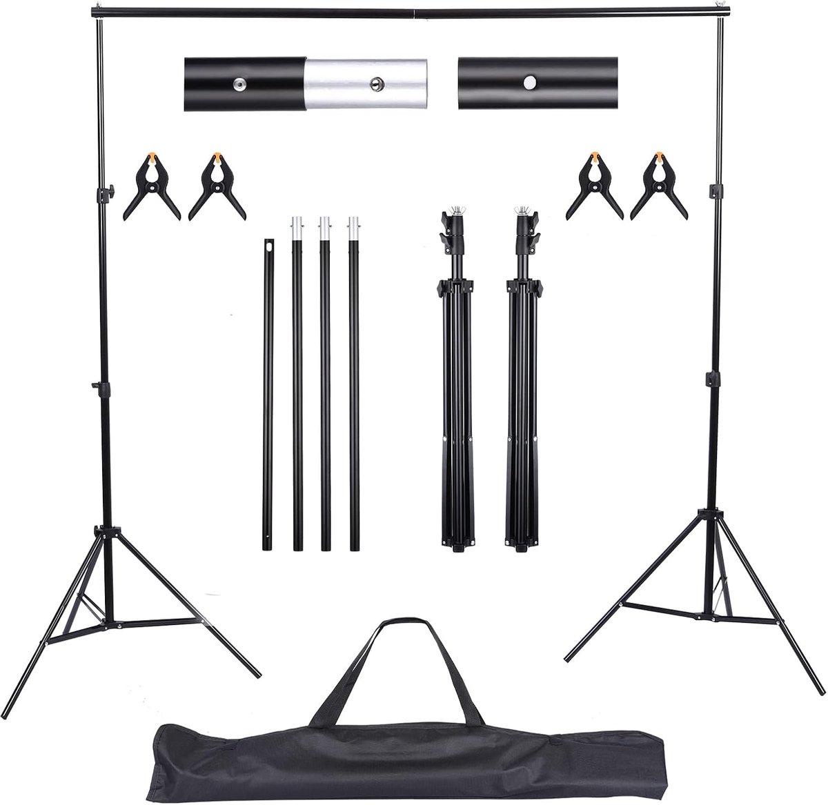 Achtergrondstandaard, 2 x 3 m, verstelbare set steunen voor achtergrond, greenscreen standaard, fotoachtergrond standaard, achtergrondframe met 4 stuks klemmen voor fotografie, videoportret.