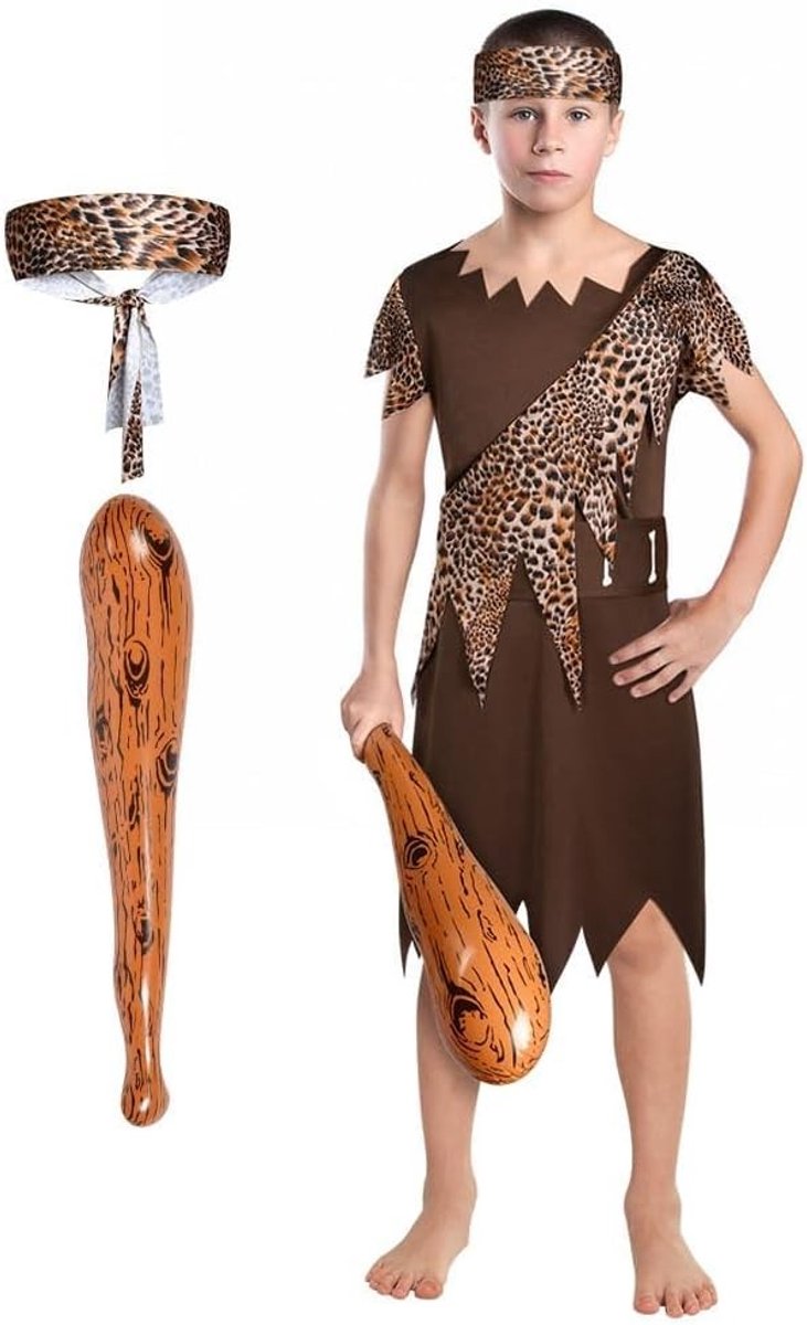 Steentijd Kostuum voor Kinderen - Wild Cave Outfit voor Jongens met Bruine Robe, Luipaardprint Ceintuur en Hoofddoek voor Halloween en Cosplay
