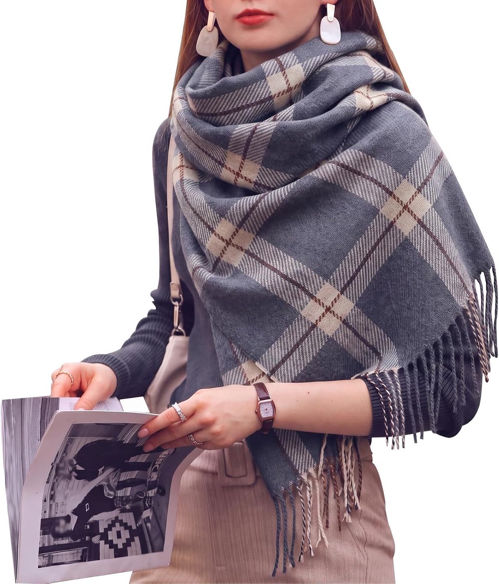 Pashmina-sjaal voor dames, grote maat, voor de winter, dik kasjmier-effect met franjes, geruit patroon, ideaal voor uitnodigingen, bruiloft, avondjurk