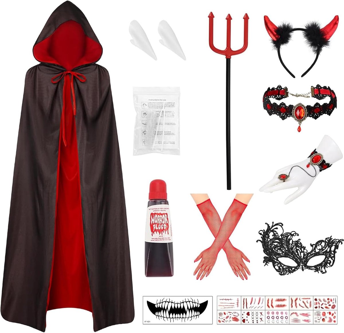 Vampierkostuum voor dames, Halloween, duivelskostuumset, dubbelzijdig vampiercape met vampiertanden en duivelshoorns en staafjes, 13-delig Halloween-kostuum voor dames, duivel, vampiercape, accessoire