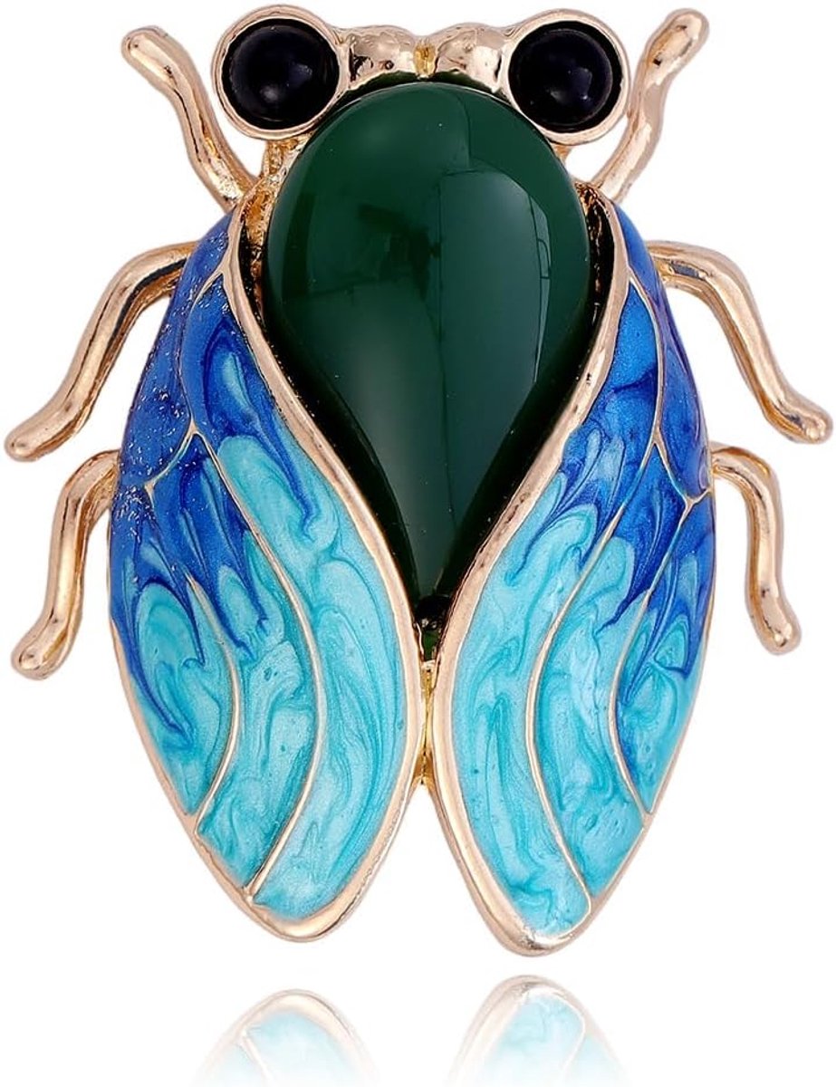 Broche blauwe emaille vleugels groene hars goudkleurig insect natuursieraad accessoire voor dames