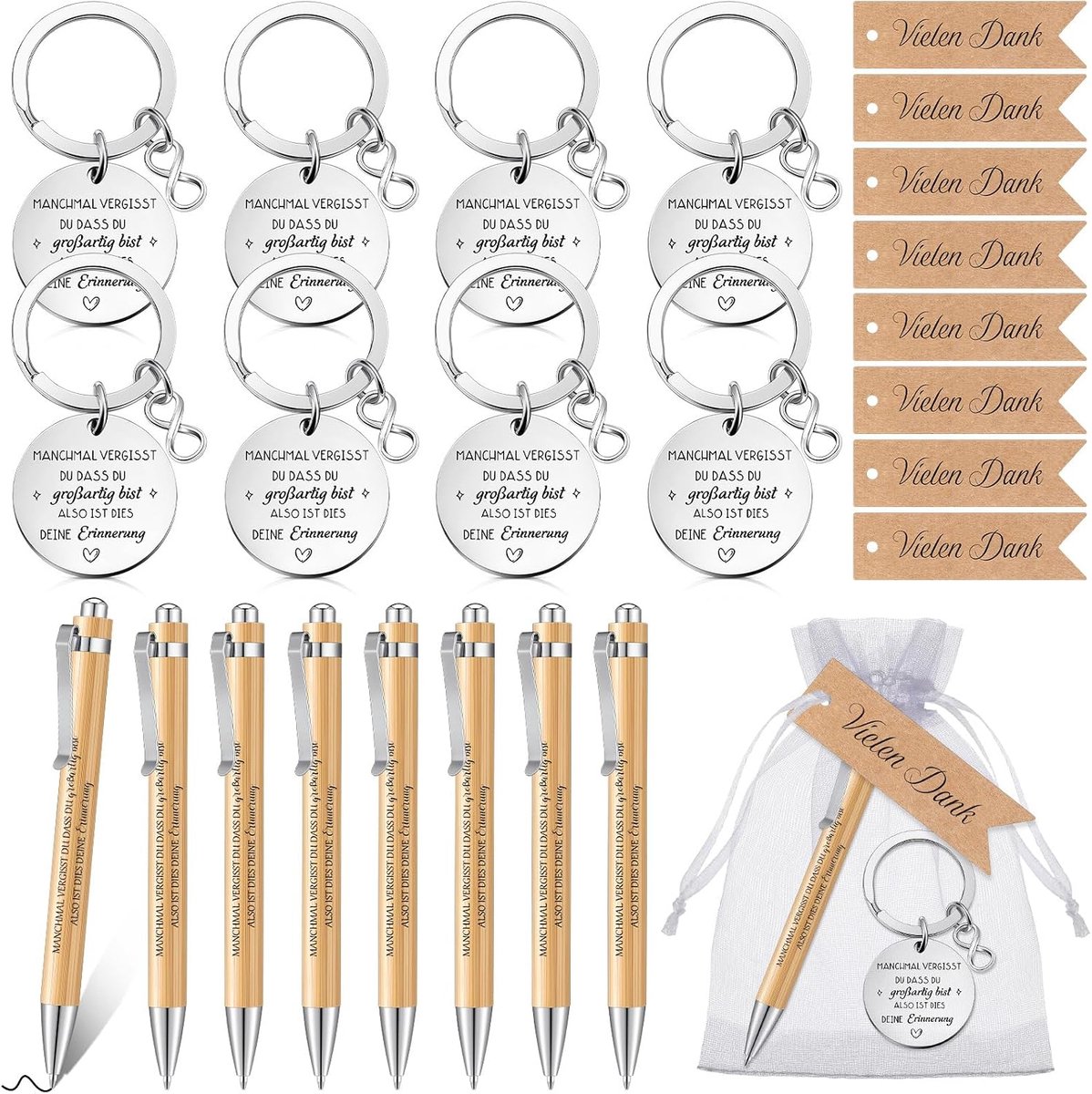 8 sets inspirerende bamboe balpen, intrekbare balpen van hout, motiverende sleutelhanger met chiffon-zak, bedankpennen bedankjes met zwarte inkt voor medewerkers, collega's, kantoor