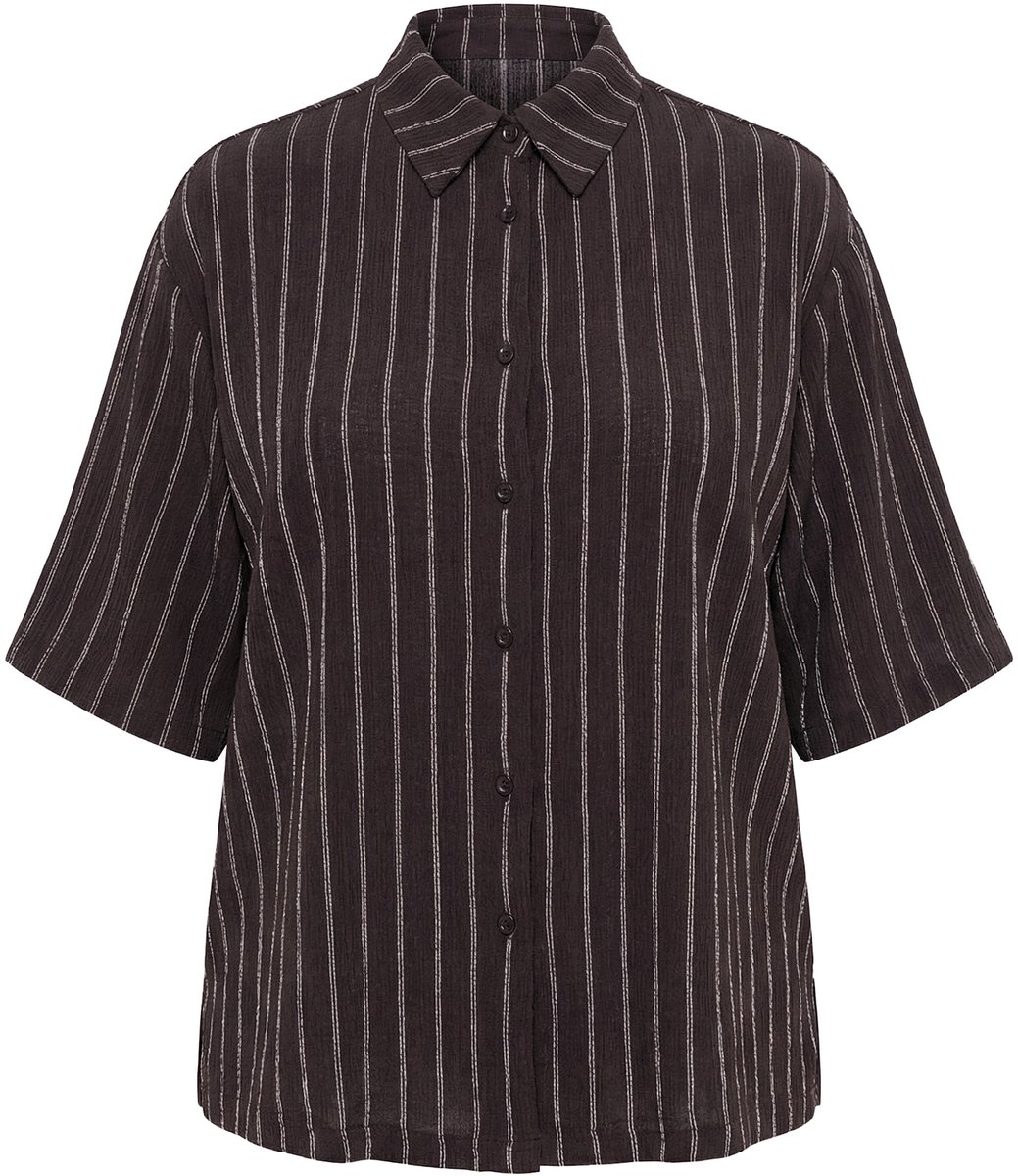 Ulla Popken - Dames - Jersey blouse strepen overhemdkraag korte mouwen - Mahonie - Maat 46+