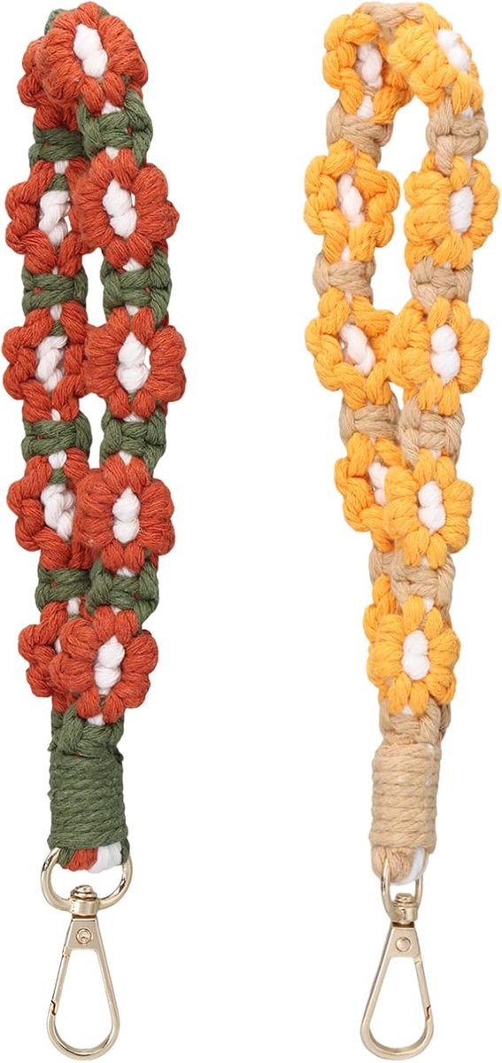 2 stuks handgemaakte macramé sleutelhangers, prachtige sleutelhanger in madeliefjesvorm, boho, kort geportecteerd, meisjes, cadeau voor dames, macramé armband, meerkleurig, met madeliefjes zoals