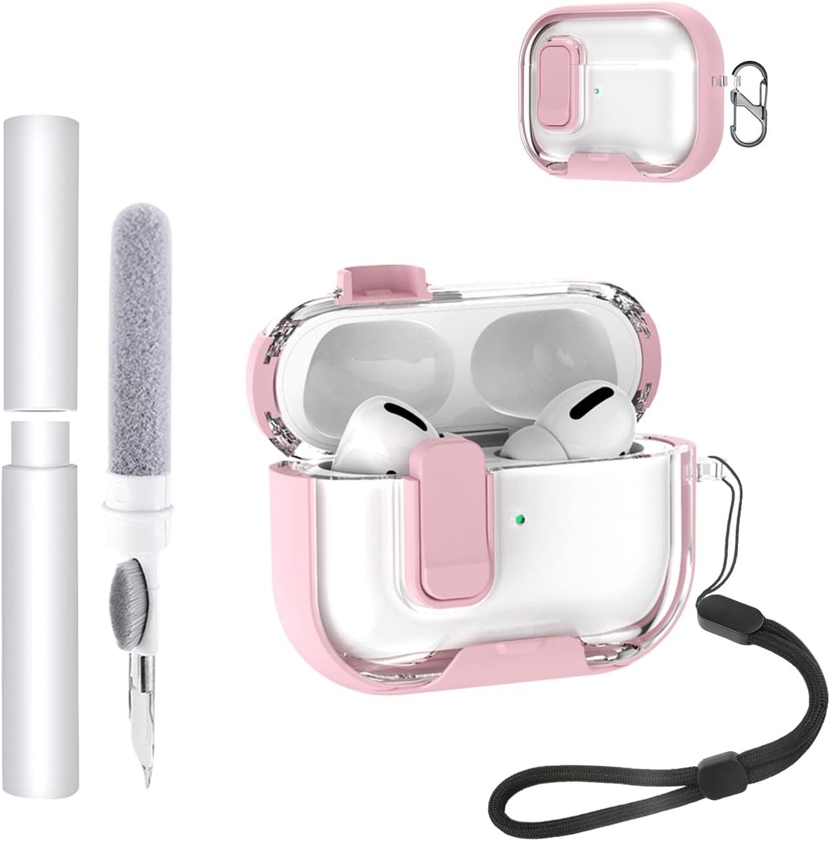 Hoes voor AirPods Pro 3/Pro3 oordopjes, zachte TPU + PC transparante cover, met beugelfunctie, waterdicht, schokbestendig, eenvoudig te dragen, met koord, sleutelhanger en reinigingsset, roze
