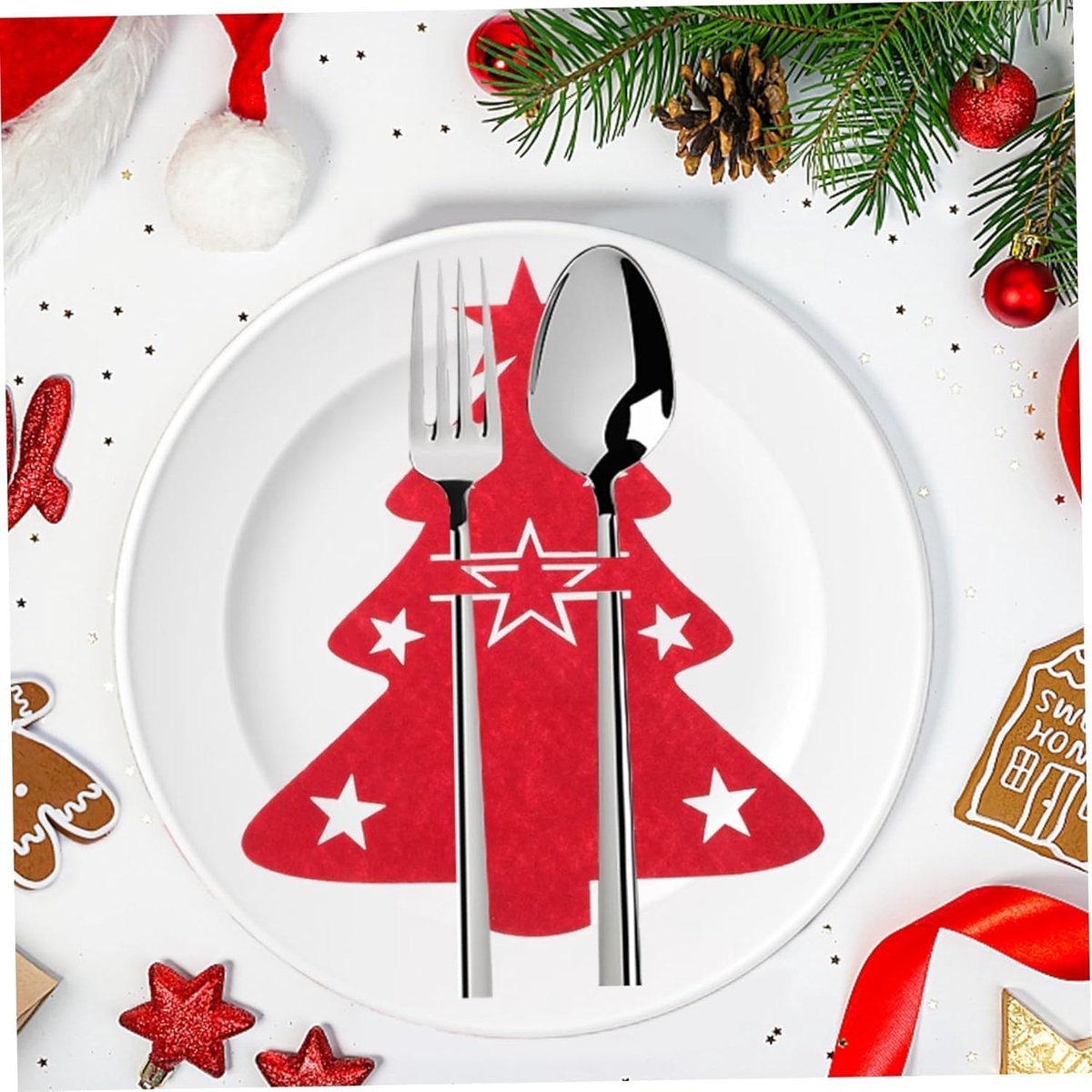 Bestekbak van kerstvilt, 12 stuks bestektas, kerstboom, tafeldecoratie, rood, messen, vorken, lepels, servies, bestekhouder