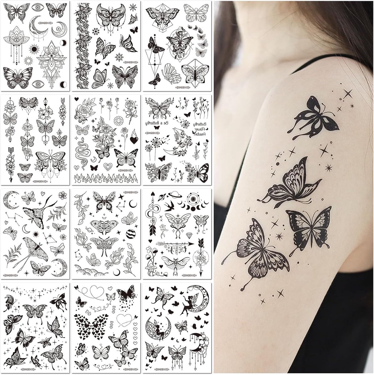 Tijdelijke Tattoo Stickers Zwarte Vlinder Sexy Ontwerp voor Hand Arm Borst Waterdicht Nep Tattoos voor Vrouwen Feest Festival