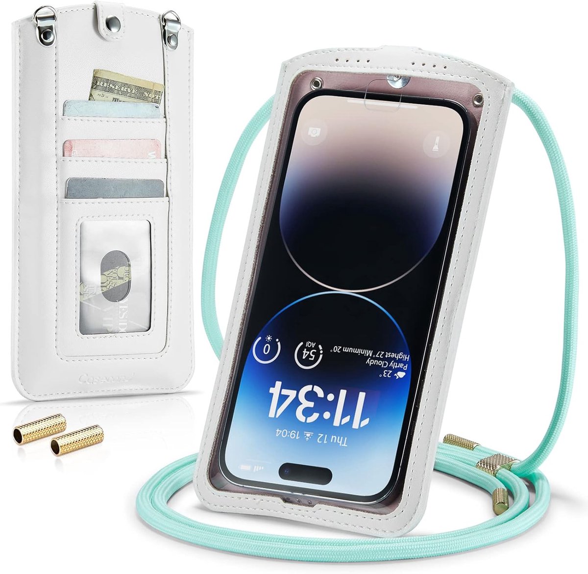 Mobiele telefoon kleine schoudertas voor dames met telefoonkoord voor iPhone 14 13 12 11 Pro Max XR 8 Plus Samsung Z Flip 3 5G S22 Ultra S21 FE A53 Xiaomi tot 7,3 inch, wit